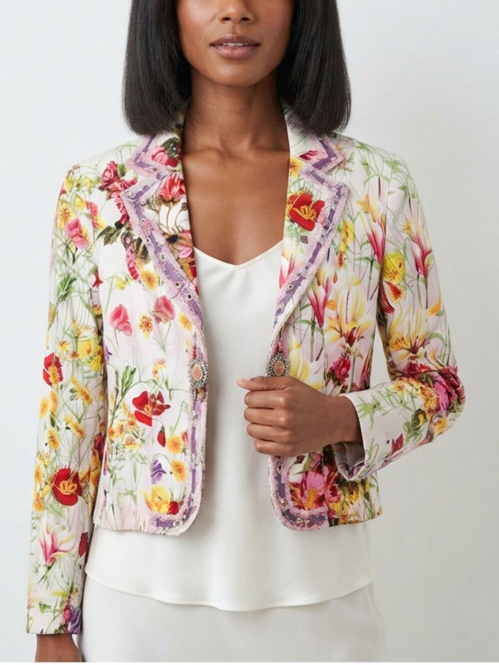 Alberto Makali Floral Print Beaded Crop White Blazer Jacket Purple Pink Trim